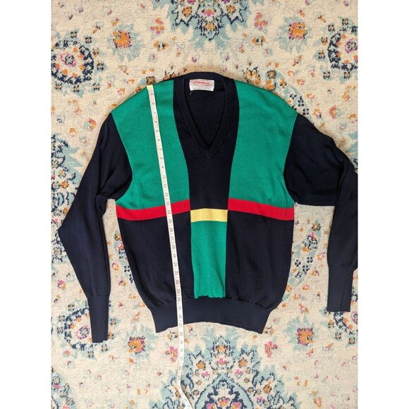 J McInerney Ltd Scotland Navy Green Red Yellow Colorblock V-Neck Sweater: 112/44 - Picture 7 of 8